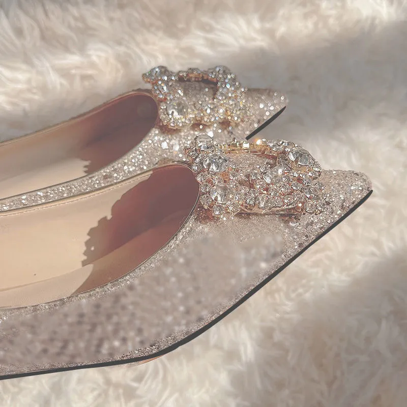 Chaussures de mariage femme carrée boucle cristal pointu les plates plates paillettes peu profondes sur les mocassins confortables bling 3344 220613