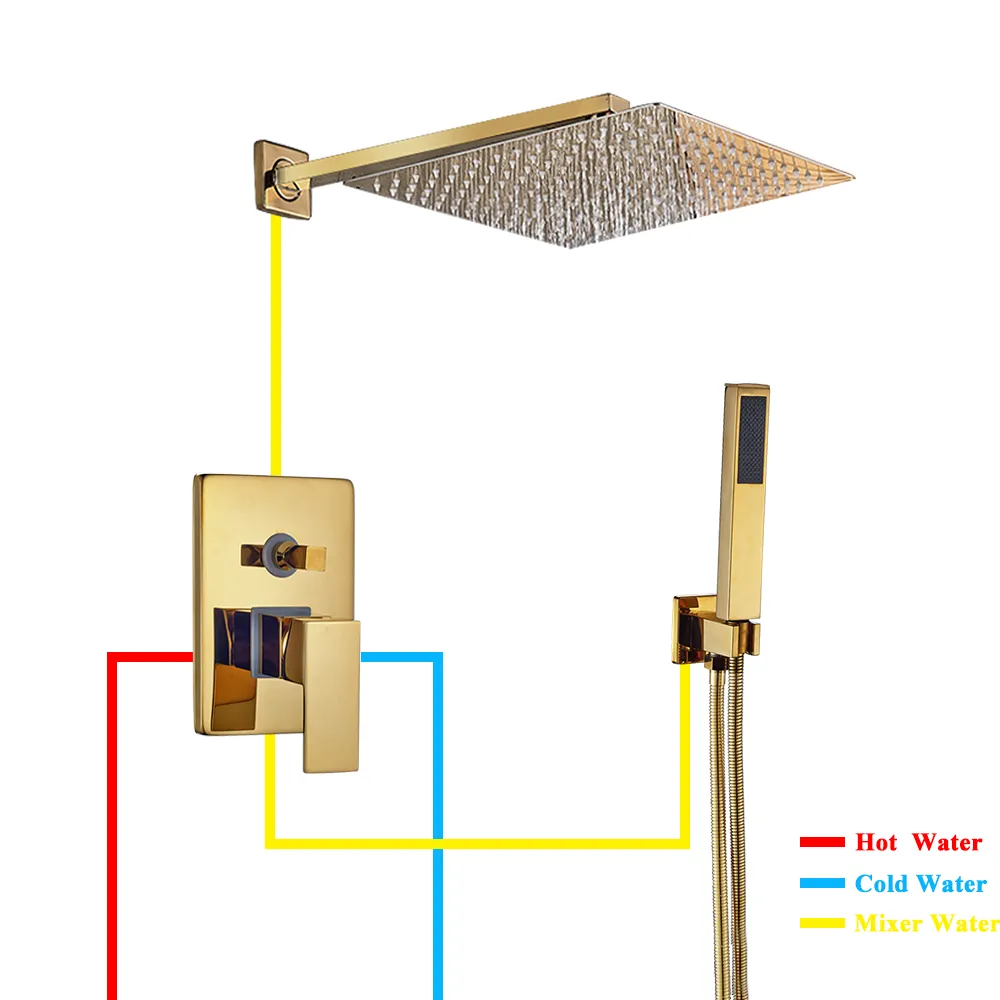 Mont mural robinets de douche dorée ensemble ultramine les précipitations douche dorée mélangeur d'eau froide robineur de salle de bain kit de douche en or