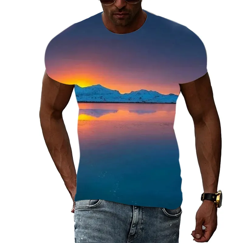 Trend Summer Men Print Aurora Graphic T Shirts 3D Fashion Personalse Party Natural Landscape نمط قصير الأكمام القصير 220607