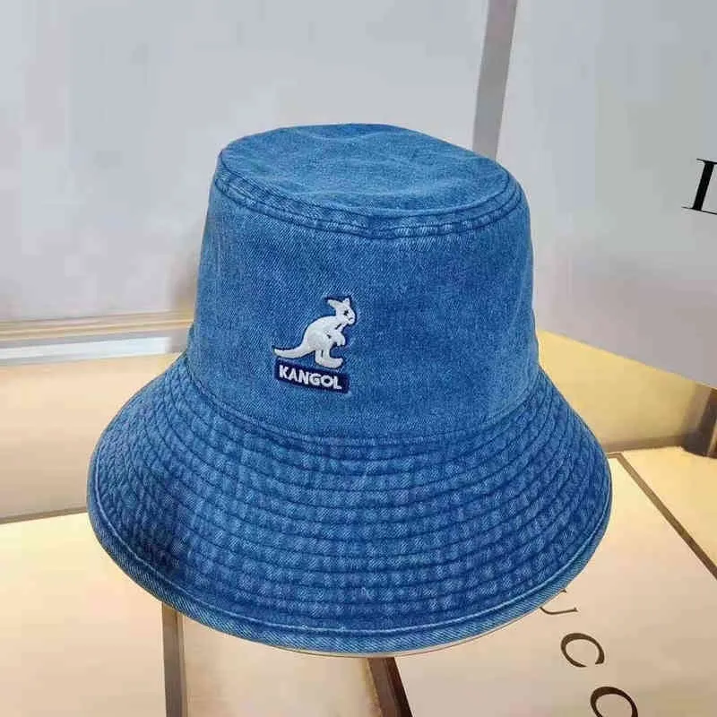 2021 Latest Casual Kangaroo Embroidery Women Bucket Hat Denim Fabric Fisherman Hat Brand Designer Kangaroo Panama Lady Cap Trend H220419