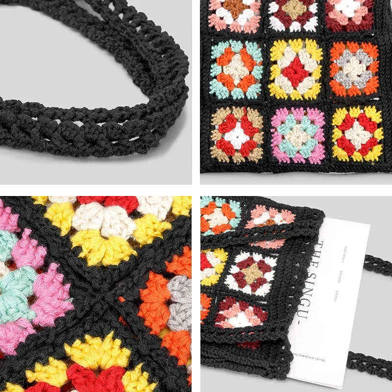 Bohemain Crochê Mulheres Bolsas de Ombro Granny Square Tote Casual Bolsas de Malha Artesanal Tecido Verão Praia Bolsa Pequena 2207058847205