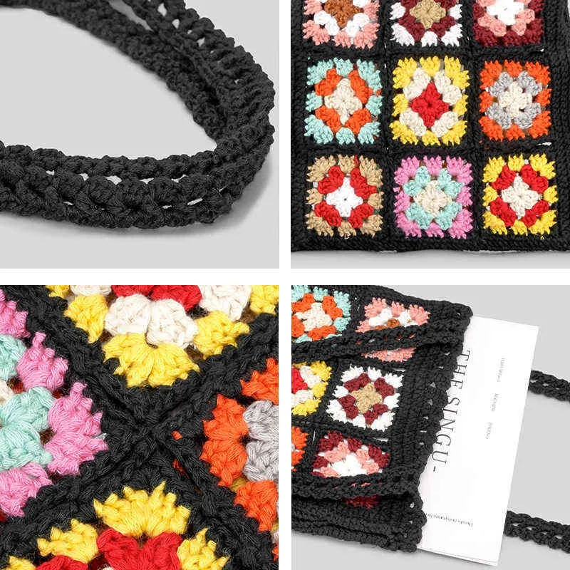 Bohemain Crochet Mujeres Bolsas de hombro Granny Square Tote Totos de punto informales de punto de punto