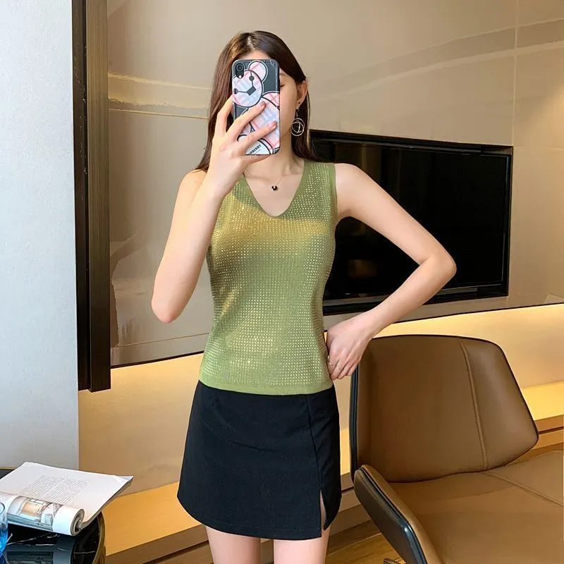 Diamonds Ladies Tank Top Summer Clothing Vests For Women Elastics Red Trend Green Korean Fashion Slim Tanks And Camis Plus Size 220325