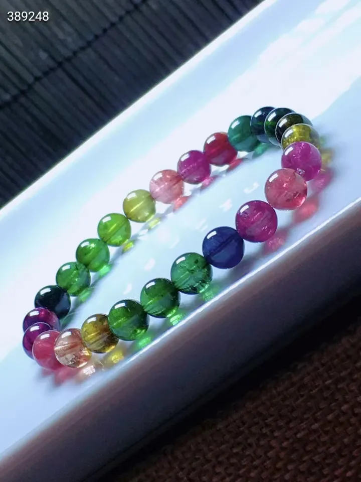 Natural Colorful Tourmaline Clear Round Beads Bracelet 7mm Rainbow Candy Tourmaline Women Men Crystal Jewelry AAAAAAA