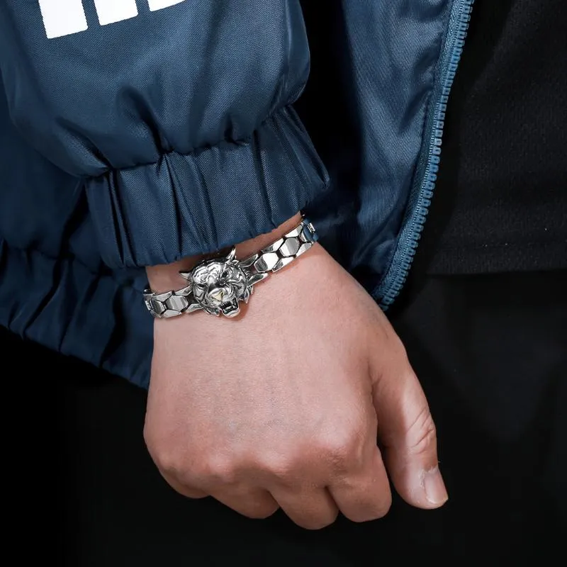 Link Chain Dominante Retro Design Tijger Hoofd Horloge Met Jaar Armband Mannen Hipster Persoonlijkheid Mode Zilveren Sieraden Accessoires258H
