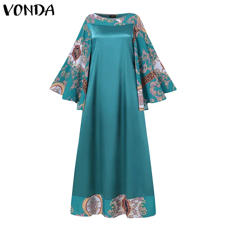 Vintage Patchwork Dress VONDA Women Flare Sleeve Vintage Printed Maxi Dress Loose Elegant Sundress Lady Vestidos Femme Robe 220615