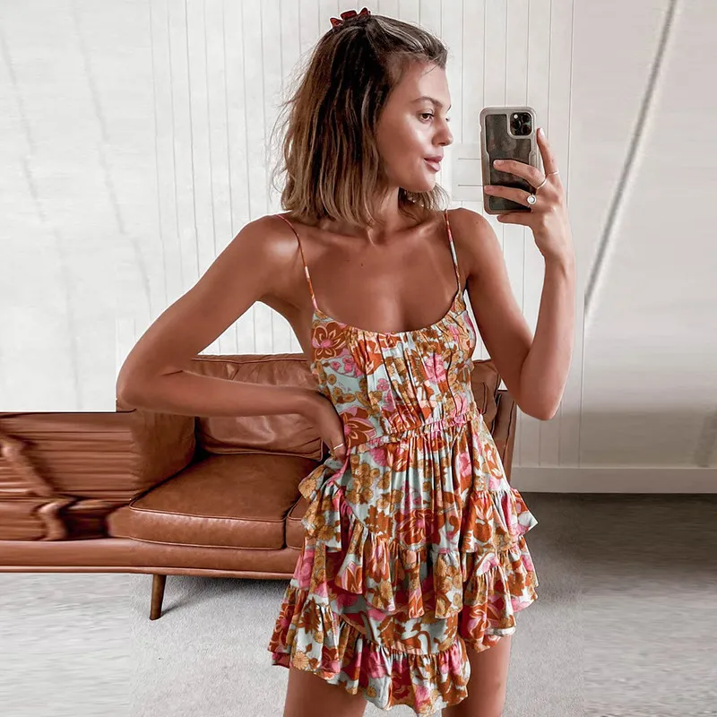 Wildpinky Summer Women Dress Sleeveless Floral Stampa ONECK High Waist Ruffles Vintage Female Mini Beach Dress Vestitidos 220523