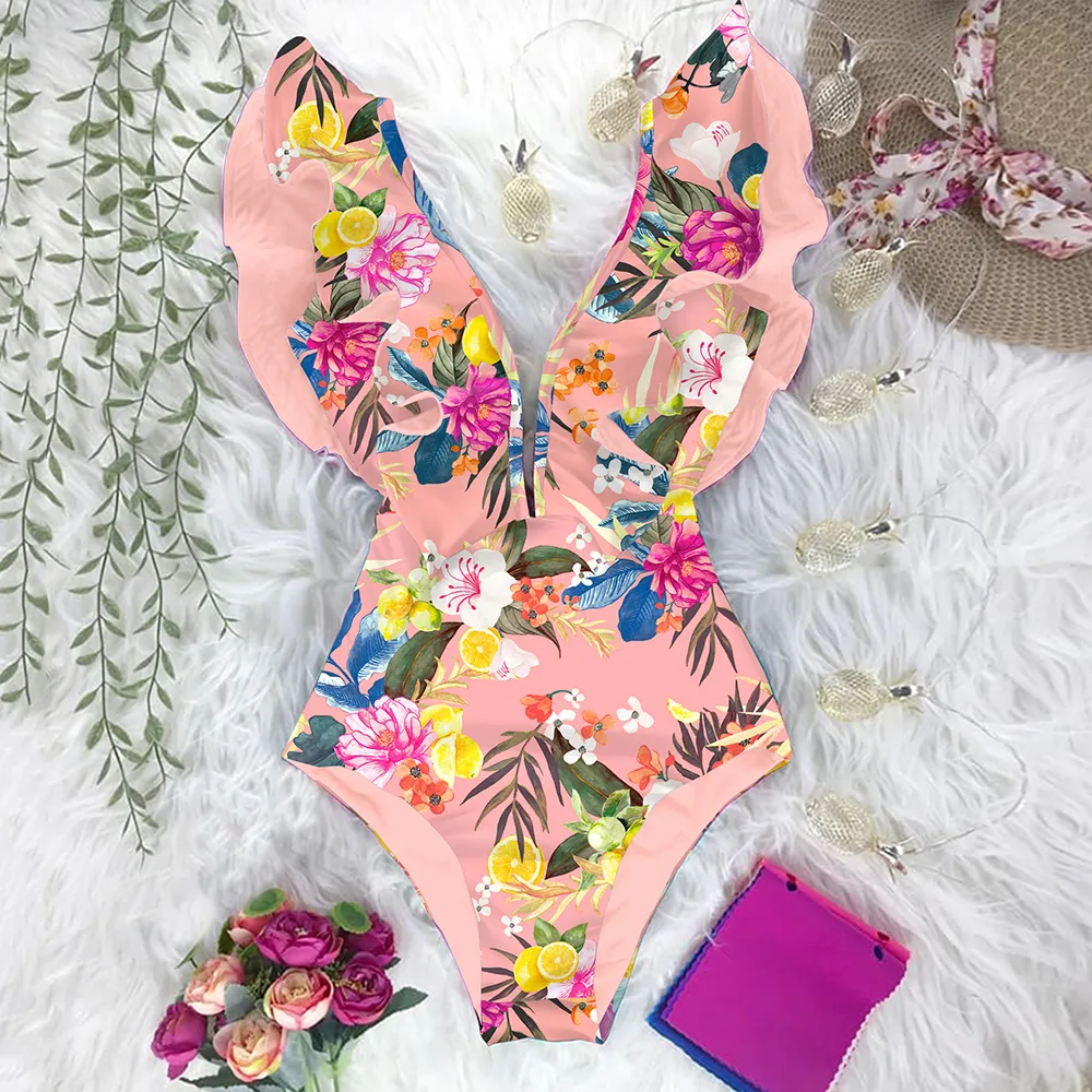 Costume da bagno con stampa Costume da bagno con volant con scollo a V profondo Costume da bagno intero push up Abbigliamento da spiaggia Monokini senza schienale