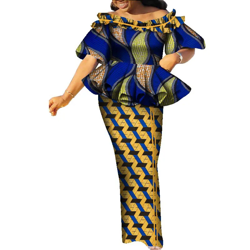 bintarealwax 2 피스 드레스 Dashiki African Dresses Suit Top and Skirt Print Plus Size 의류 우아한 레이디 파티 WY9021을위한 여성 세트