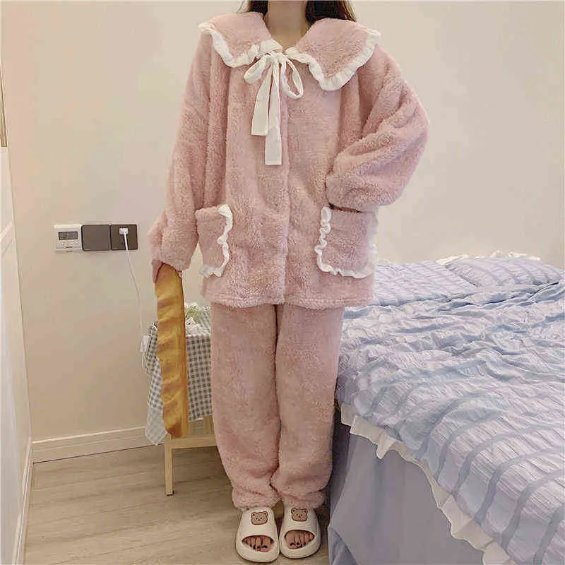 Flanel turn-down kraag pyjama sets vrouwen zoete meisjes warme zachte mooie vrije tijd Koreaanse stijl dagelijkse boog patchwork ontwerp mode L220803