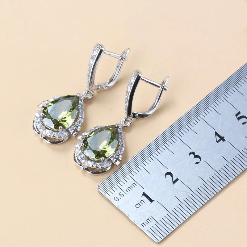 925 Mark Fashion Water Drop Jewelry Sets Women Accessories Olive Green Stone Bridal Necklace Sets Earrings Bracelet And Ring 220718