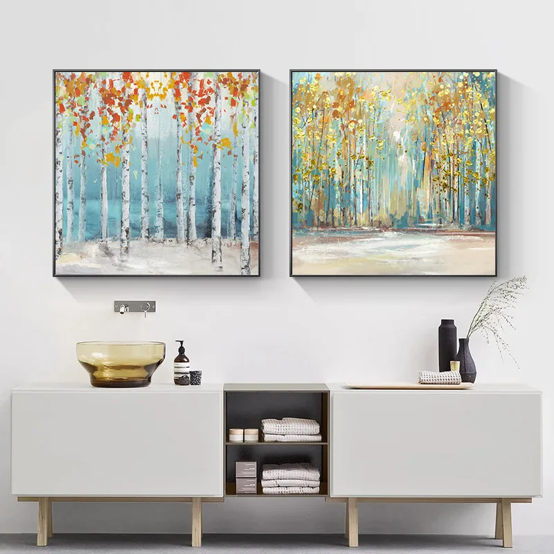 Abstrait bouleaux arbres toile peinture avec feuille d'or nordique affiches et impressions mur Art photo pour salon décoration de la maison
