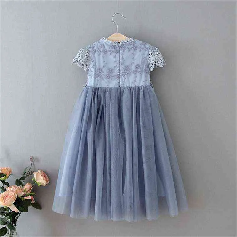 Little Girl New Floral Lace Dress Girl Gray Hollow Flower Tulle Clothes Cute Girl Birthday Party Princess Costume Kid Maxi Dress G220518