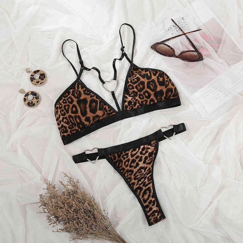 2 -stycken Set Women Sexig Leopard Tryckt Push Up Bra Thong Two Piece Erotic Lingerie Polyester Babydoll Underwear L220727