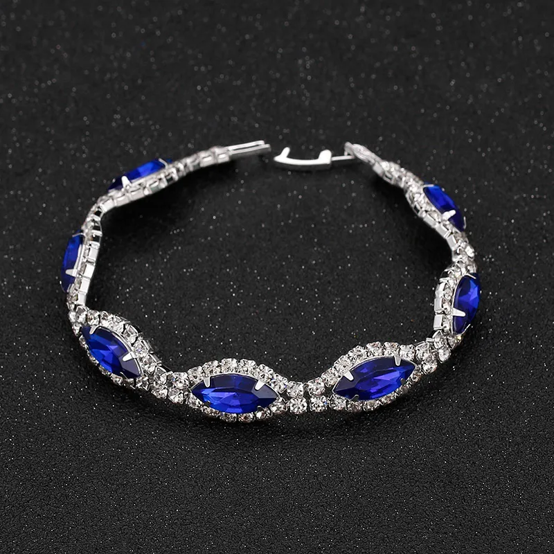 BLIJERY Elegante set di gioielli da sposa in cristallo blu royal strass lunga nappa collana orecchini braccialetto set di gioielli da sposa 220726