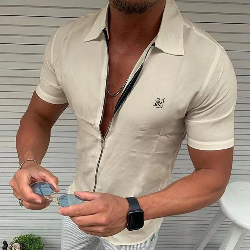 Sik soie imprimé hommes mode d'été Simple fermeture éclair chemise à manches courtes décontracté Cardigan taille européenne 220614