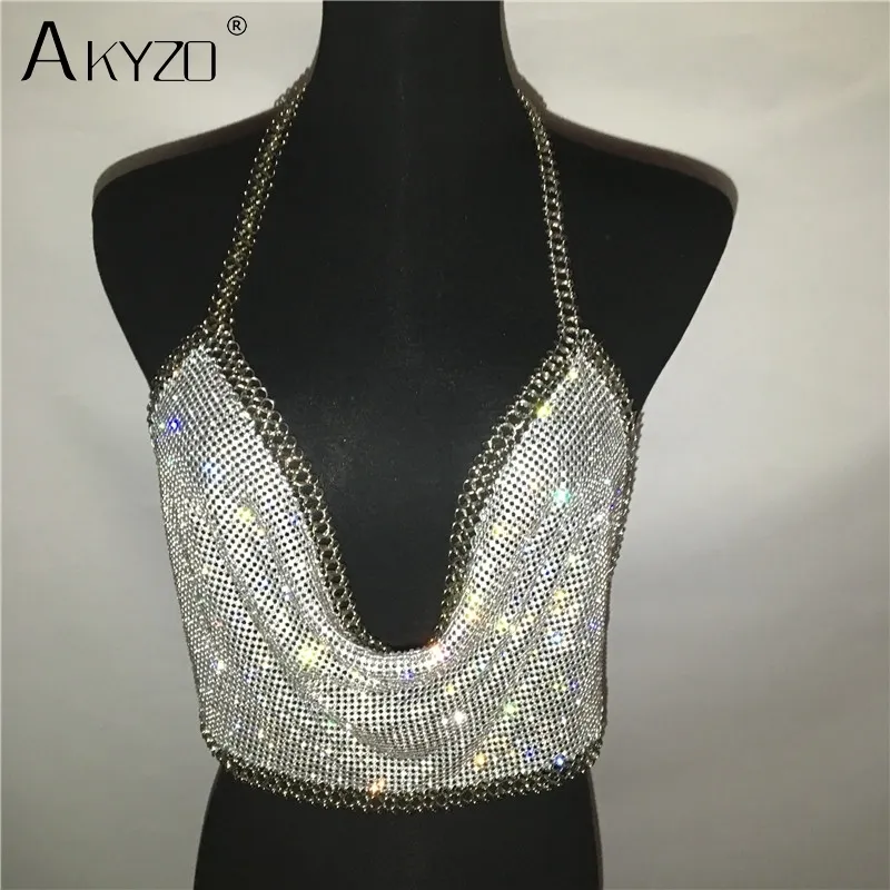 AKYZO Women Backless Luxury Camis Crop Top Fashion Chunky Metal Chain Diamond Hollow Out Plunge Halter Tank Tops 220316