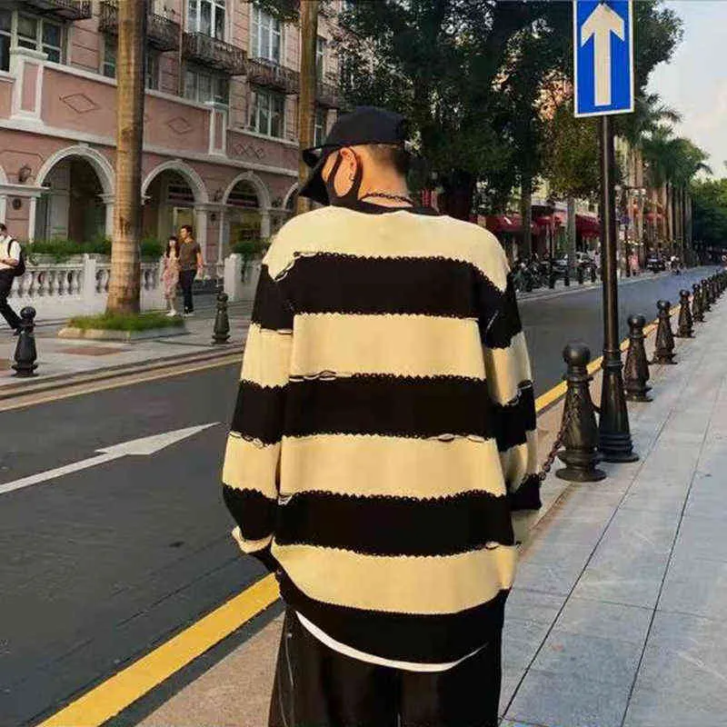 Retro Color Block Striped Crew Neck Pullover Mens Sweaters Harajuku Japanese Spliced High Street Oversize Casual Sweater Couple T220730