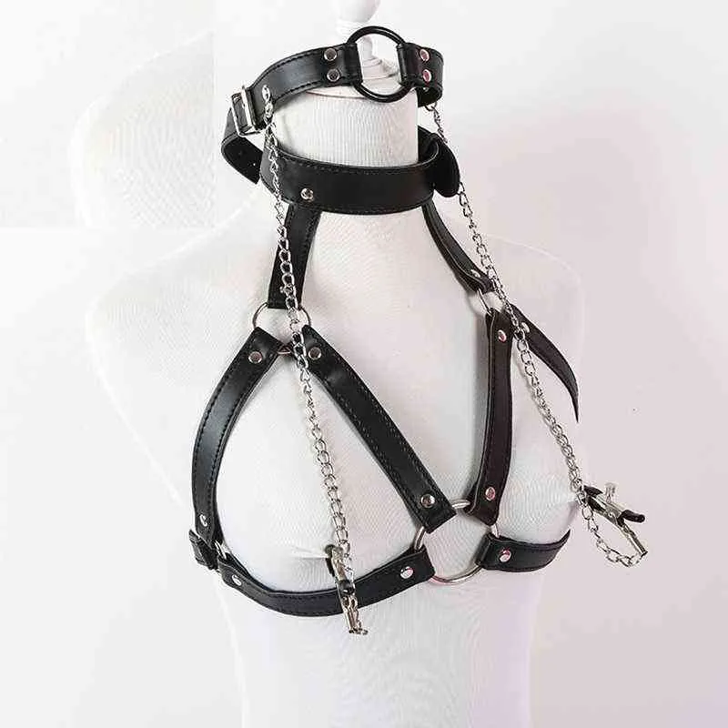 Nxy Bondage Sexy Faux Leather Lingerie Breast Binder Bra Top and Mouth Gag with Nipple Clamps Female Fetish Restraint Costume 220421