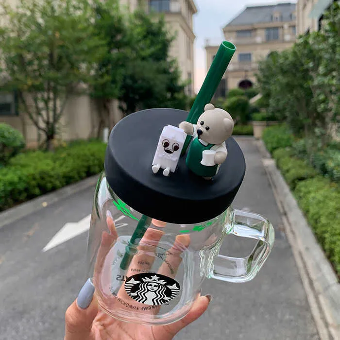 Starbucks 2020 Cup Sezon środowiskowy Zielony fartuch Niedźwiedź Mason Cup Słomka Przezroczysta Szklanka 600 ml Poręczna kubek