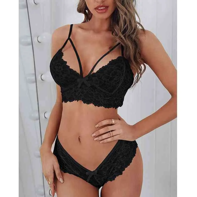 2022 Sexy Frauen Unterwäsche Spitze Slip Bh Sets Sinnliche Dessous Set Erotische Dessous Bogen Push-Up Top L220727