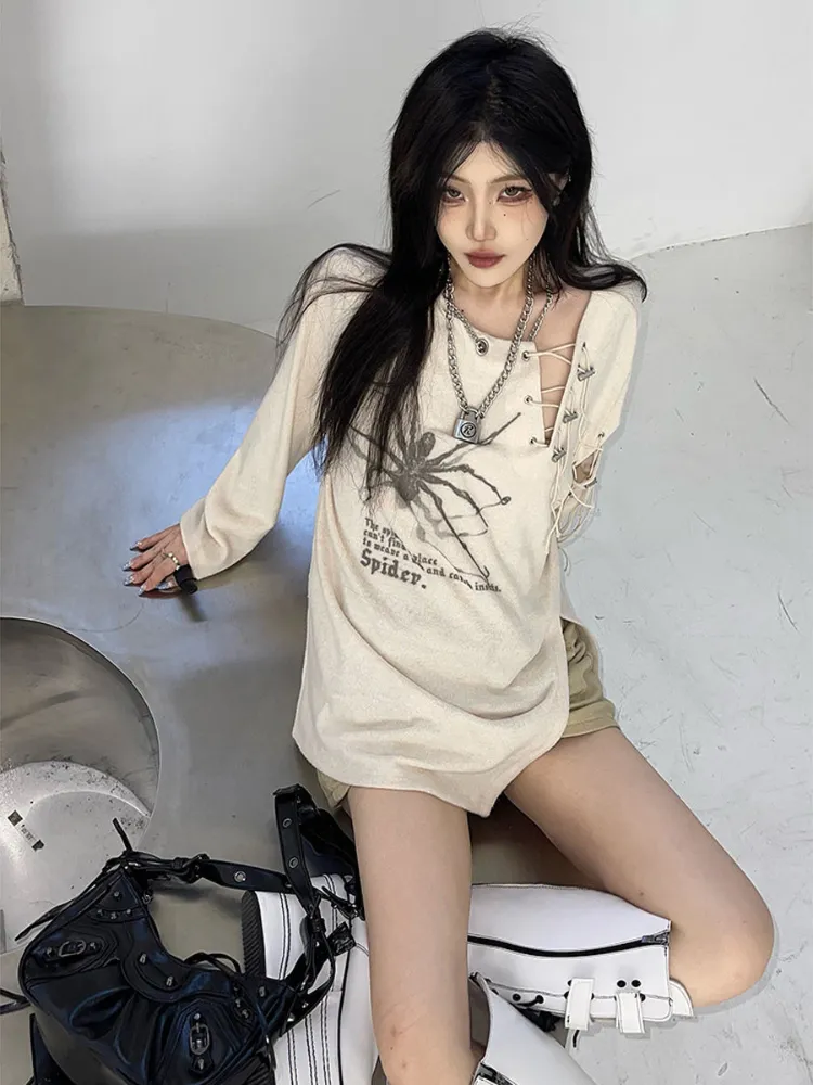 KOSAHIKI Bandage Tops Patchwork Goth Grunge T Shirts Women Asymmetrical Long Sleeve Tee Print Y2k Vintage Graphic T-shirt 220511