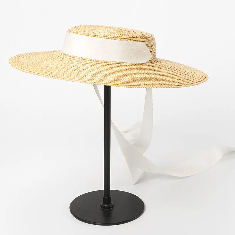 Chapeau de paille à large bord en gros pour femmes Long ruban dames chapeaux de plage mode habiller enfants été pare-soleil casquettes 220630