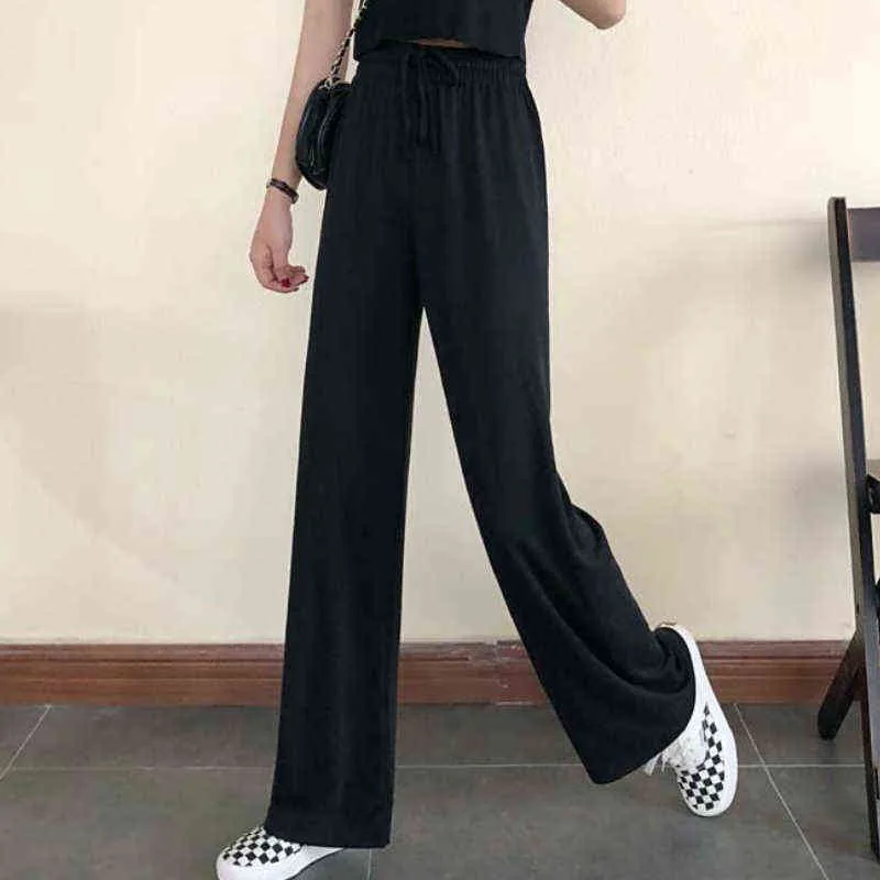 Calça de boquete larga feminino puro e preto cálculo coreano lazer solto cintura alta feminino primavera longa diariamente calças streetwear l220725