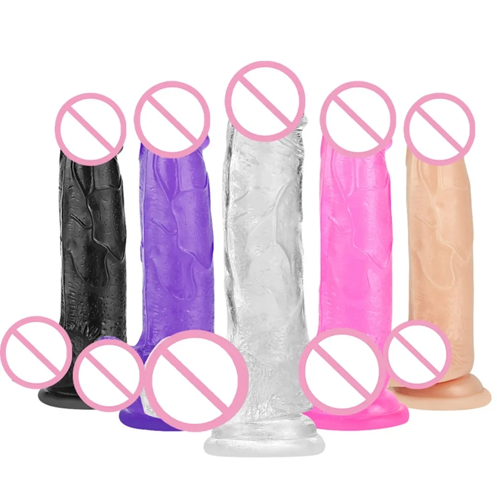 Itens de beleza Dildo realista com ventosa Enorme geléia de cristal Brinquedos sensuais para mulheres Homens Estimulador de ponto G Vagina Massagem anal Loja sexy