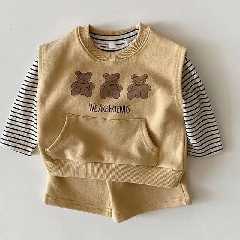 Milancel Spring Baby Clothing Set Toddler Bear Vest Striped Blue and Shorts Boys Suit 220507