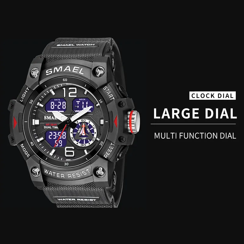 Smael Dual Time Men Watches 50m vattentäta militära klockor för Male 8007 Thock Resisitant Sport Watches Gift Wtach 220421252m