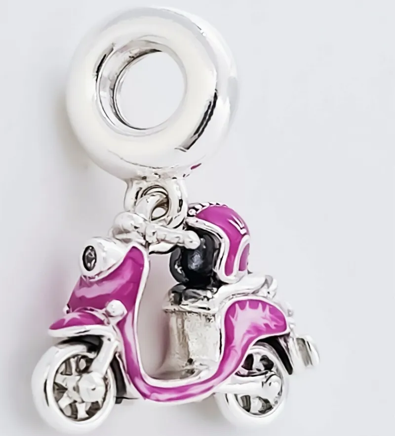 Pink Scooter Dangle Charm 925 Silver Pandora Charms for Bracelets DIY Jewelry Making kits Loose Bead Silver Enamel & Clear CZ 791057C01