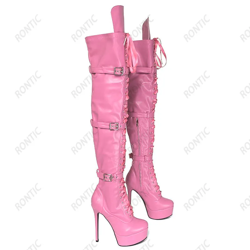 Rontic personnalisé femmes hiver longues bottes plate-forme talons aiguilles bout rond belle Fuchsia Cosplay chaussures taille 5-20