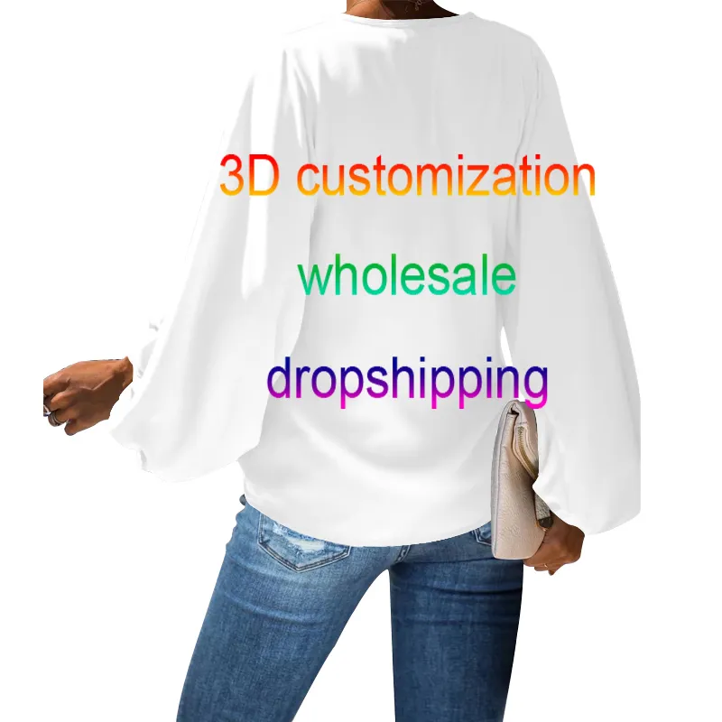 UJWI 3D Custom Casual Loose Long Sheeved Shirt Tops Sexy V Neck Retro groot formaat Wandelde mouw Groothandel dropship 220616