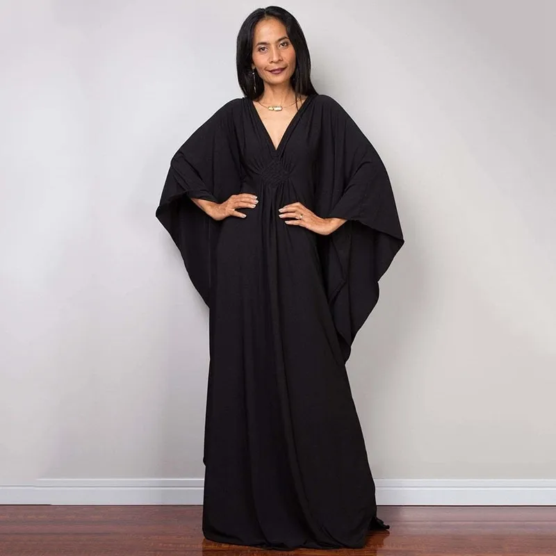 Griechische Göttin, reines weißes langes Kleid, atemberaubendes einfarbiges schwarzes Kaftan-Maxikleid mit hoher Taille und Fledermausärmeln für elegante Frauen 220426