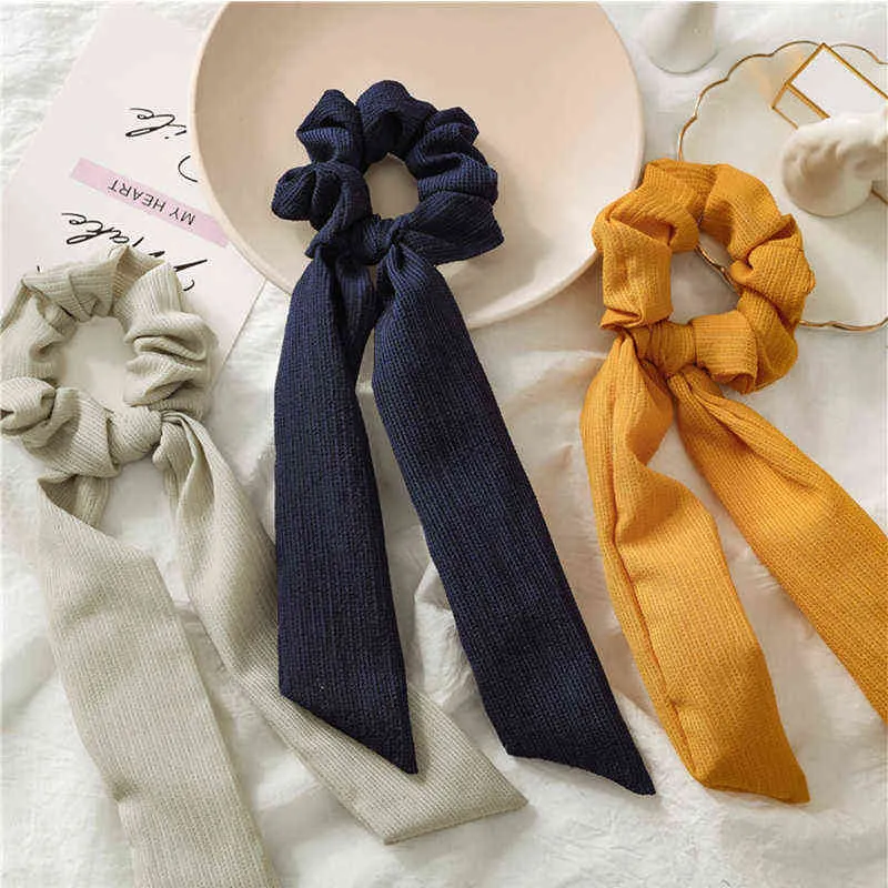 Fashion Solid Color Scrunchies Long Ribbon Ponytail Holder Ties Girls Elastic Rubber Bands Hair Accessories AA220323