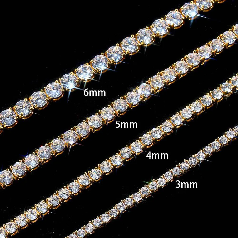 3 мм 4 мм 5 мм 6 мм хип-хоп теннисные цепочки ювелирные изделия женские мужские CZ бриллиантовые цепочки ожерелья 18-каратное настоящее золото белое золото с покрытием Bling Graduat279Z