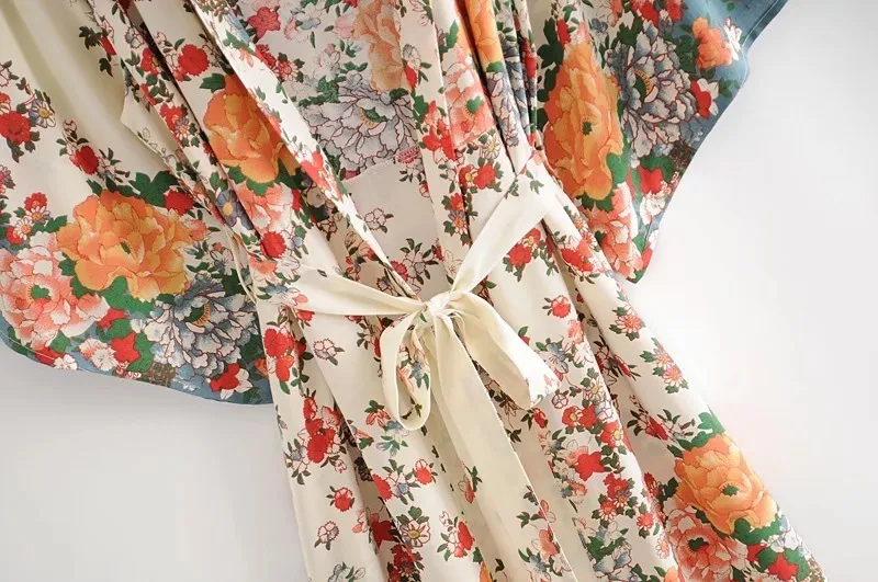 BOHO Location imprimé floral longue chemise kimono beige hippie femmes laçage cravate noeud ceintures long cardigan lâche chemisier hauts vacances 220511