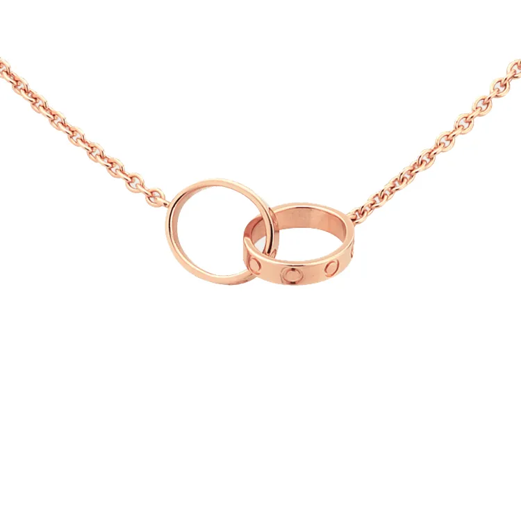 Colliers de créateurs de mode avec diamant à vis double cercle Collier d'amour pour petite amie en or blanc Pendentif rose en acier inoxydable p344r