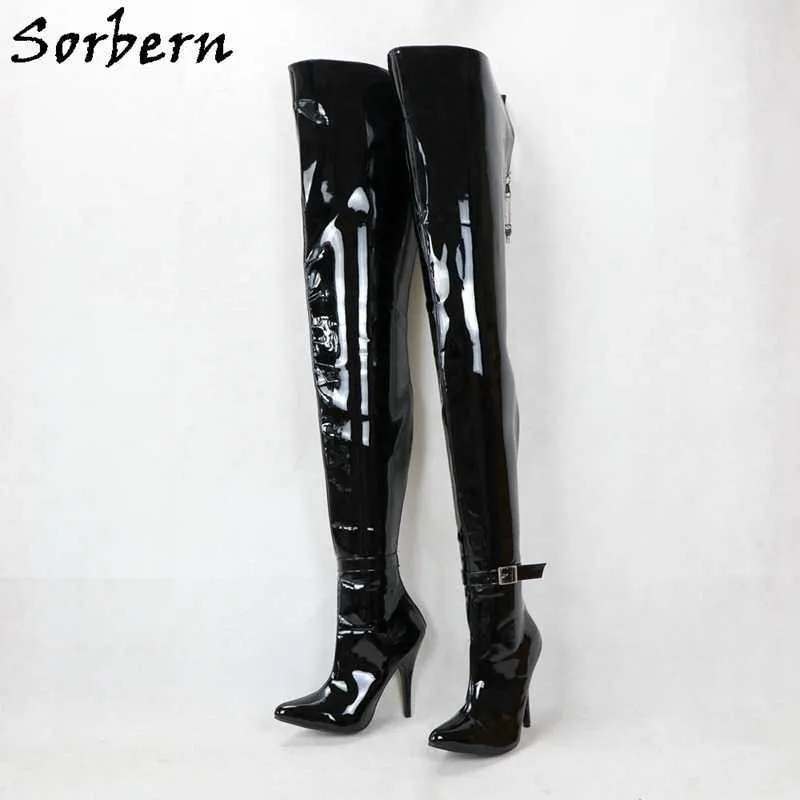 Sorbern Unisex 12cm 높은 뒤꿈치 부츠 여성 잠글 수있는 지퍼 다시 스틸 렛토 중간 허벅지 높은 부츠 하드 샤프트 발목 스트랩 지적 발가락