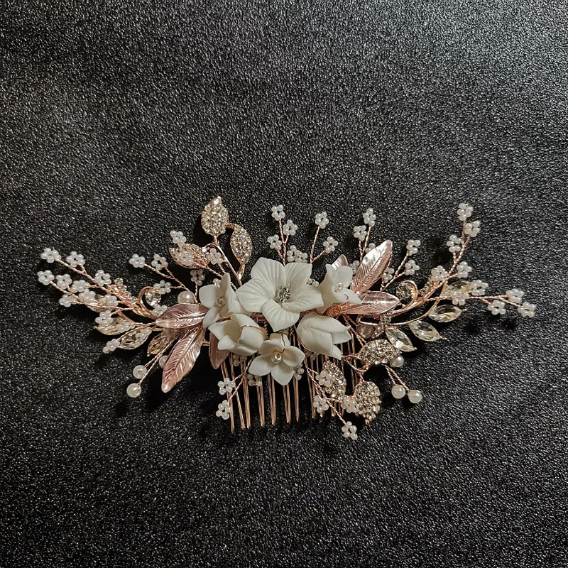 Crystal Flower Pearl Leaf Hair Comb Pannband Tiaras hårnål för kvinnor brudfest bröllop brud hårtillbehör smycken gåva