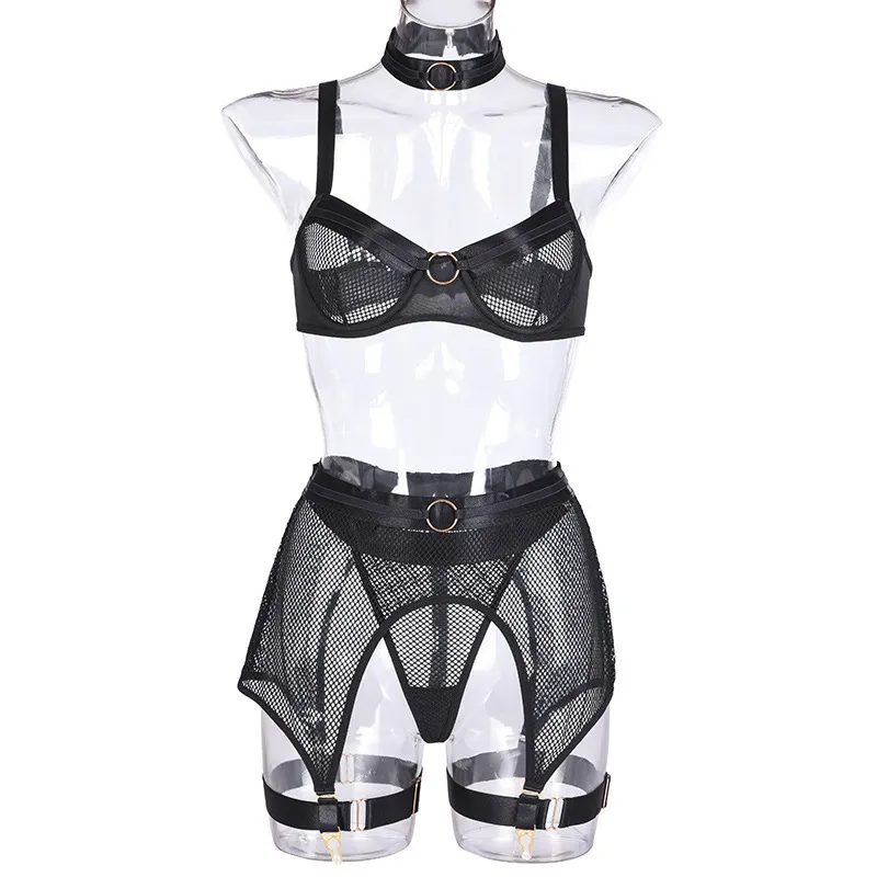 Aduloty Mesh See-Through Sexy Femmes Sous-Vêtements Costume À Armatures Rassembler Soutien-Gorge Porte-Jarretelles Panty Ensemble Quatre Pièces Lingerie Érotique 220513