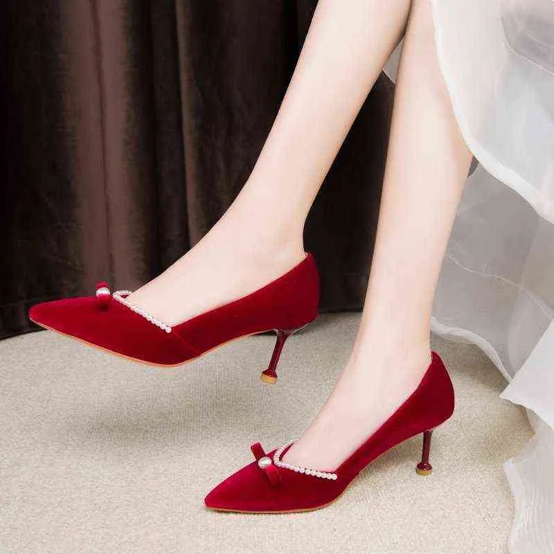 Dress Shoes Elegant Red Velvet Pearls Pumps Woman Sexy Be Toe Thin High Heels Party Wedding Women Spring 2022 Zapatos Lady 220416