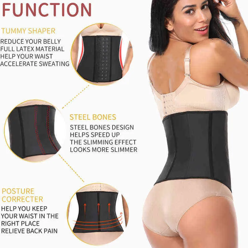 Women Latex Waist Trainer Corset Plus Size Steel Bone Workout Waist Cincher Slim Body Shaper Girdles Long Torso With 3 Hook Rows L220802