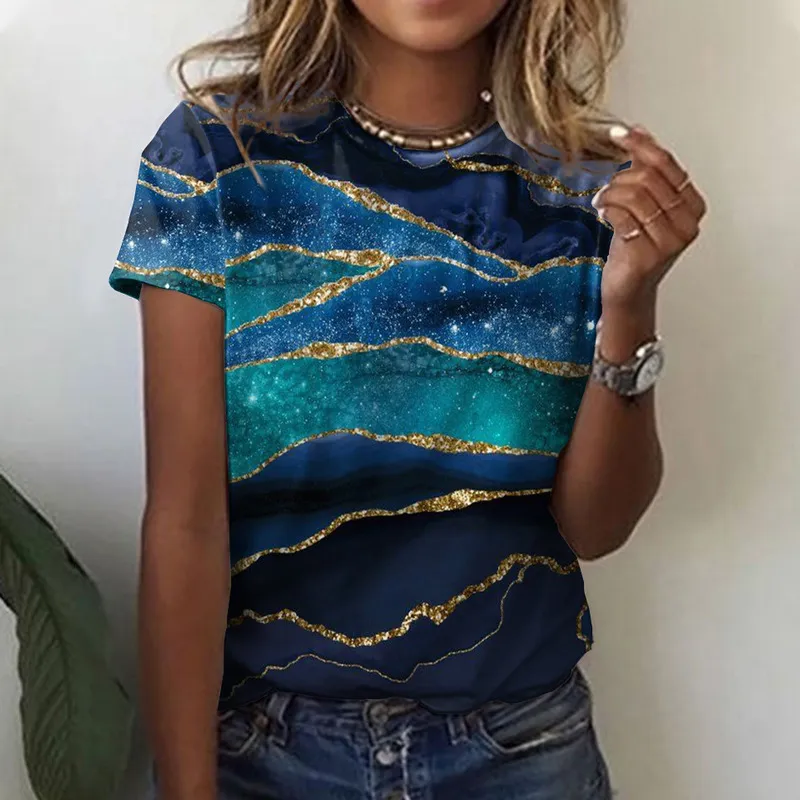 女性抽象絵画Tシャツグラフィック幾何学的なプリントラウンドネックベーシックトップグリーンブルーパープル3Dプリント220613