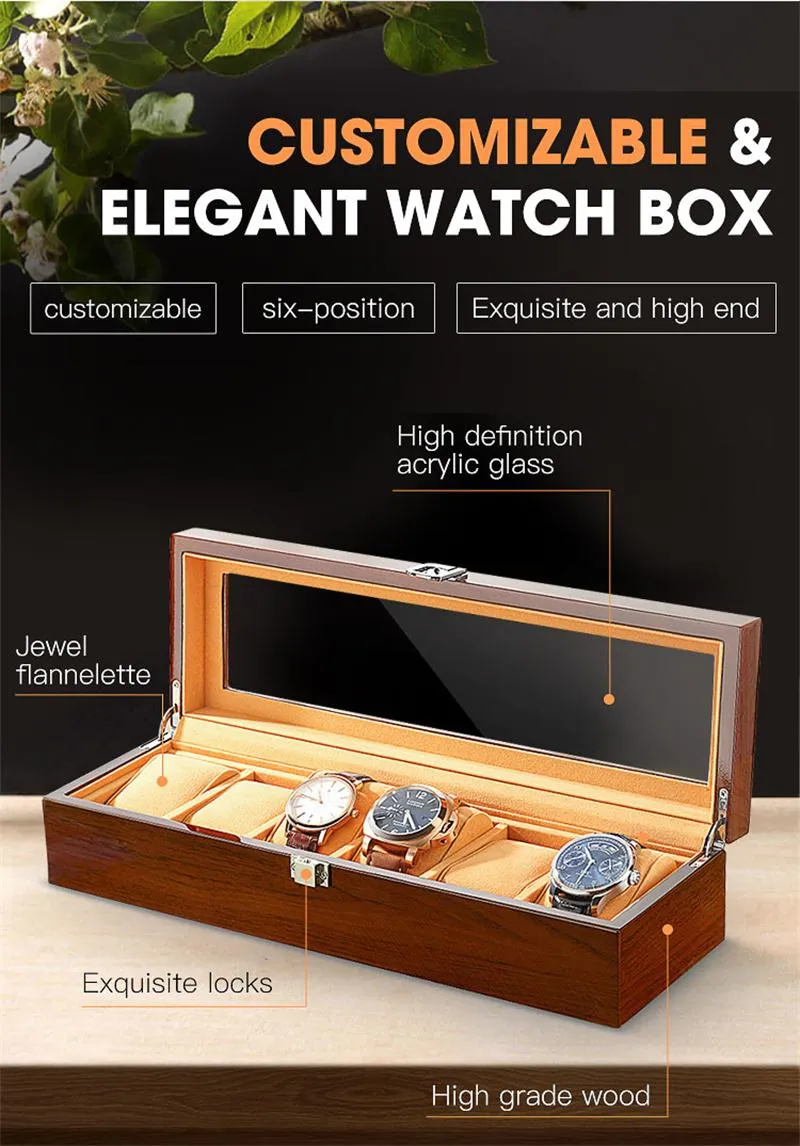 Boîtes de montres de luxe à 6 fentes, boîte en bois, cercueil en bois, grilles, organisateur de bijoux, vitrine, support de rangement, cadeau 158R