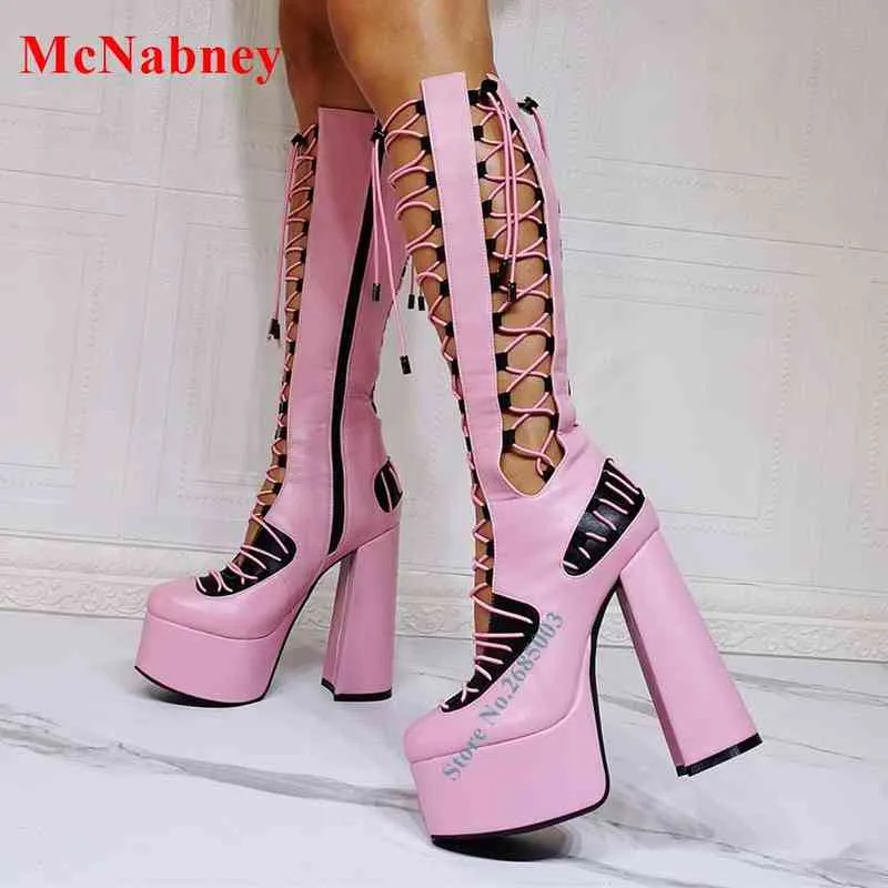 Cross Tied Chunky Heel Sandals Boots Platform Female Mixed Colors Side Zipper Cut Outs Sandals Knee High Women Summer Party Shoe 220514