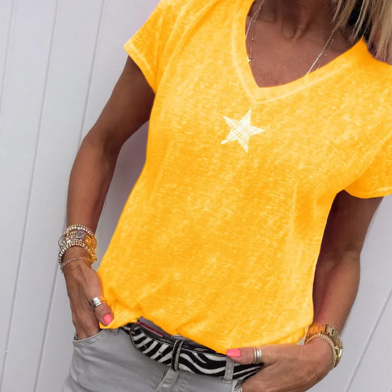 V-neck Short Sleeve Casual Pentagram Print T Shirt Women Summer Plus Size 5xl Tops Tshirt T-shirt Tee Femme S-5XL 220328
