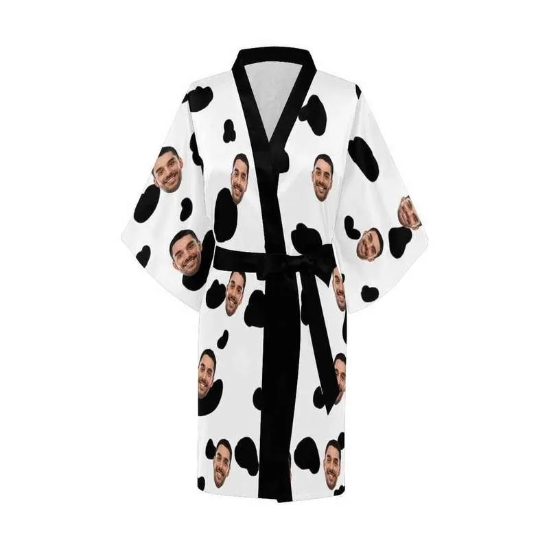 Personnalisé Visage Vache Spot Blanc Imprimer Femmes Court Kimono Robe Cadeaux Personnalisés Femme Intérieur Automne Doux Pyjama Ensemble Vêtements De Nuit 220621