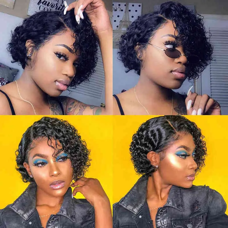 8 Inch Short Curly Bob Wig Jerry Human Hair Lace Wigs for Women Pre Plucked 13x1 T Part Pixie WIgs Peruvian Remy 220609